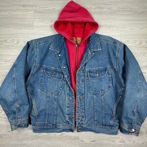 Vintage Gap Men's Jean Jacket Hooded Denim Trucker Blue Red Medium Fleece Lined